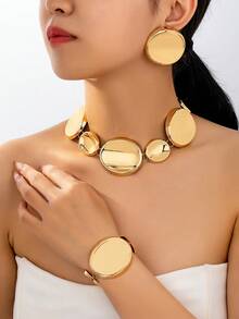 3 件/套夸张朋克奢华超大不对称椭圆金属金吊坠耳环项链套装，适合女性日常装扮 - 金黃色 - 查看 7