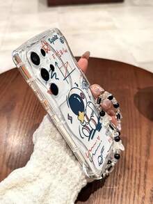 Cream Texture Wavy Edge Gloss Astronaut Printed Shockproof Phone Case With Handmade Beaded Bracelet Decor - Multicolor - View 3