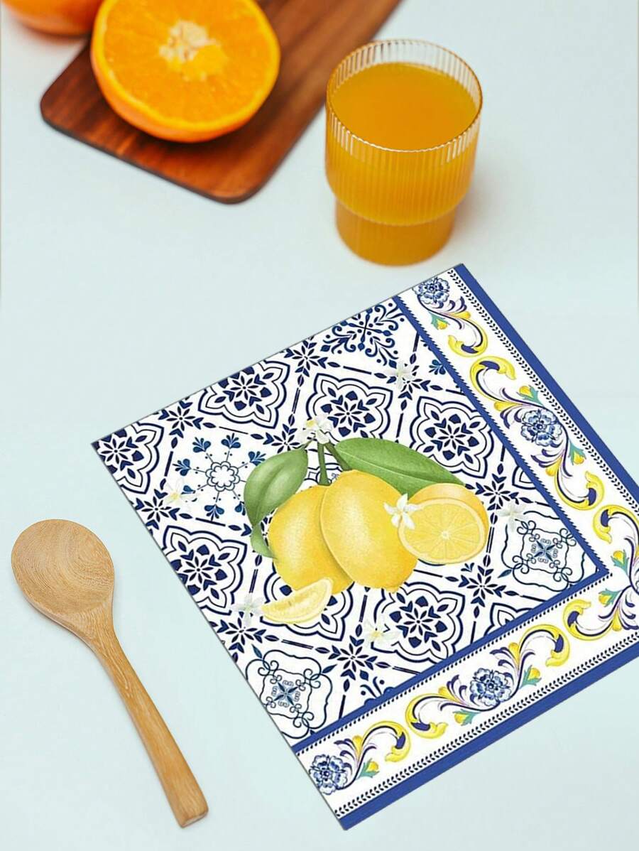 20-100pcs Set Blue And White Porcelain Lemon Pattern Paper Napkins, Disposable Party Supplies, Party Decorations, Festival Decorations