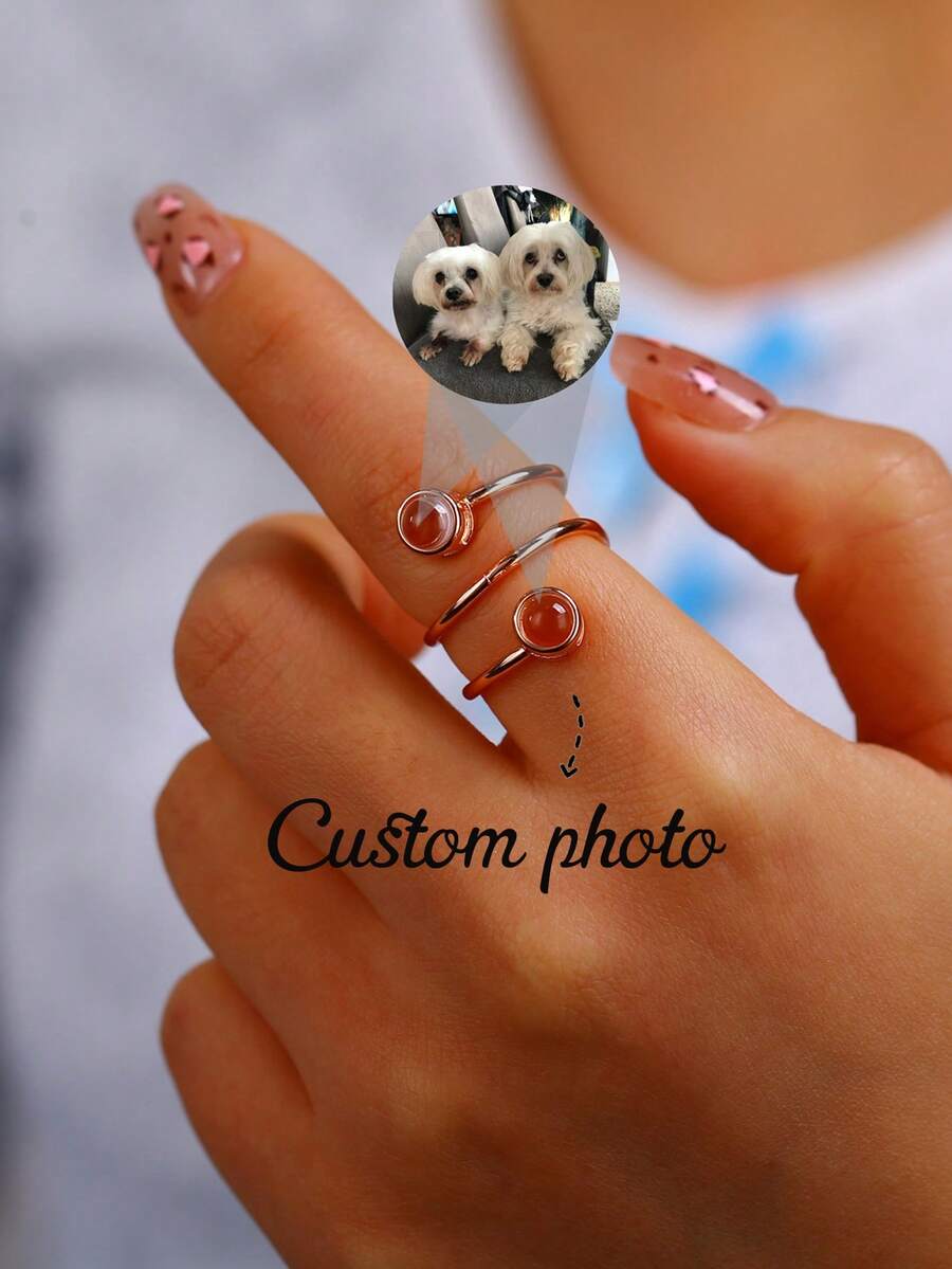 Anillo de proyección personalizado con 2 fotos, joya minimalista de acero inoxidable con bucle de puntos dobles en proyección, regalo exclusivo para amantes en el Día de San Valentín, joyería conmemorativa