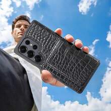 Crocodile Pattern Luxury Leather Business Card Holder & Phone Case With Stand Function, Compatible With Samsung S25Ultra/S24Ultra - Black - View 10