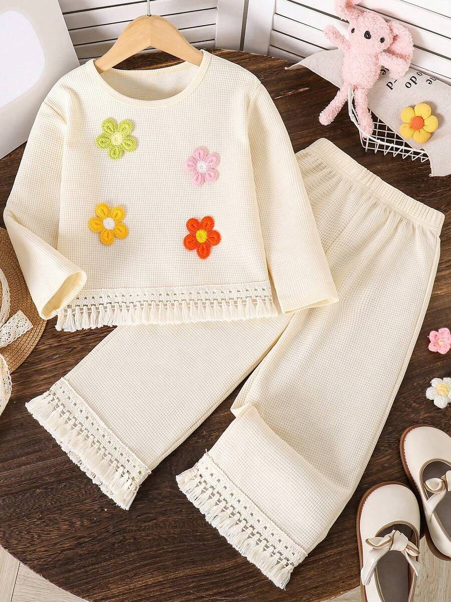 Tween Girls Floral Decor Fringe Hem Waffle Knit Sweatshirt And Ruffle Trim Straight Pants Set