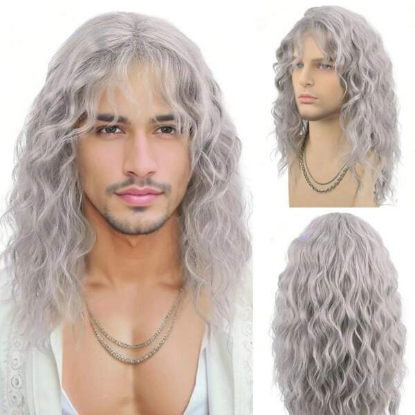 Peluca blanca rizada con flequillo para hombre - Cabello sintético de onda de agua natural para uso diario y disfraz - Ajuste regulable (Halloween, disfraz, juego de roles)