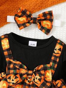 New Baby Girl Long Sleeved Round Neck Butterfly Bow Halloween Print Dress Paired With Full Print Minimalist Long Pants Headband Three Piece Set - 黑色 - 查看 3