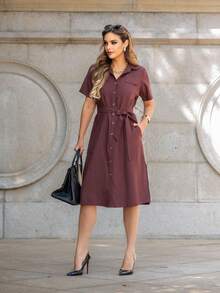 Shirt With Side Slits, Collar, Short Sleeves, Cutout And Lapels, Patch Pocket, Midi Length - 咖啡棕 - 查看 2