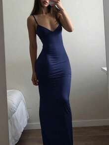 Long Dress With Straps Without Padding, Plain, Elegant, Parties, Sensual, Tight, Butt-Lifting, Suplex Fabric, Fashion, Summer, Sleeveless, 2025, Basic Evening - 藏蓝色 - 查看 1