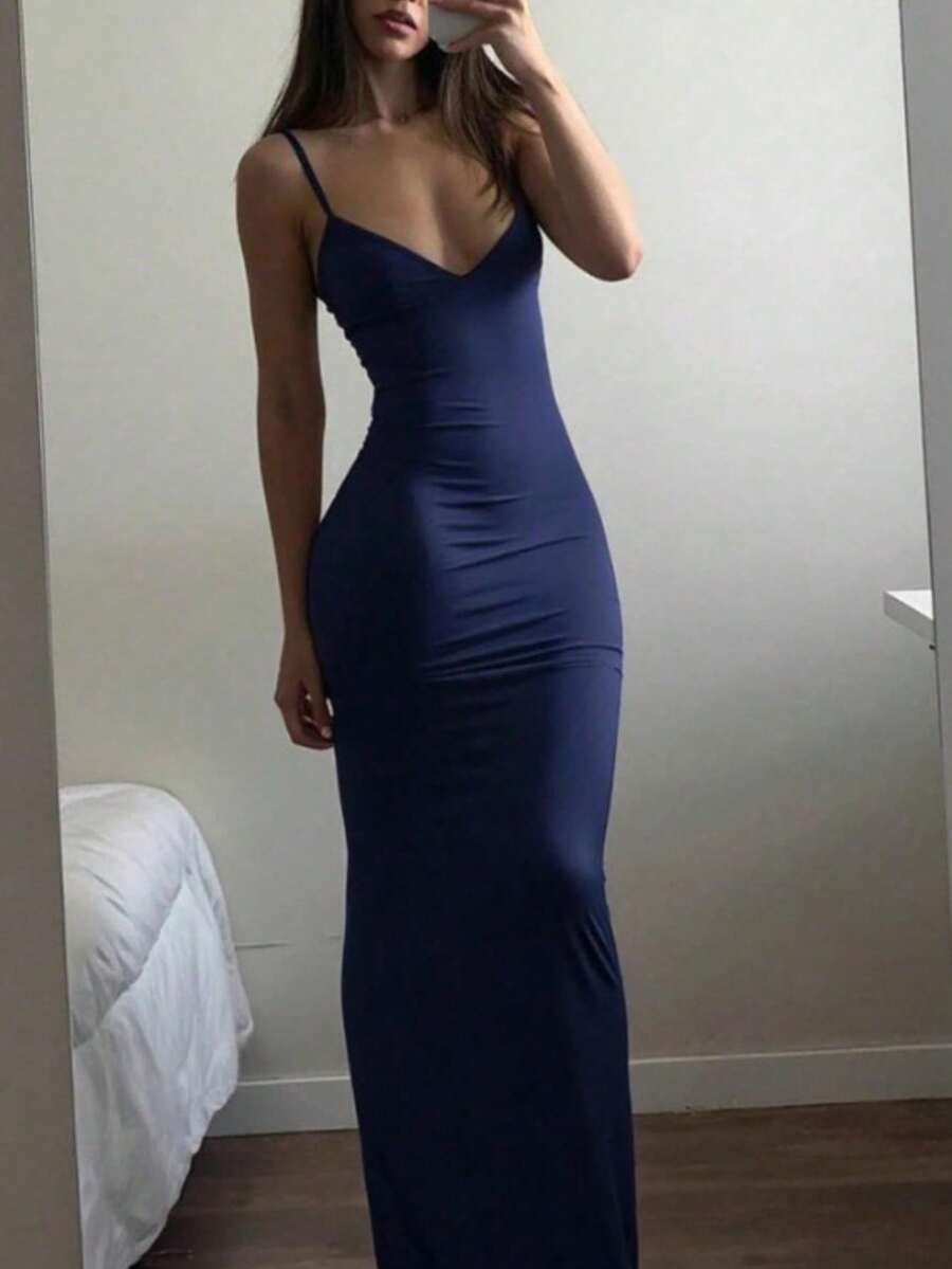 Long Dress With Straps Without Padding, Plain, Elegant, Parties, Sensual, Tight, Butt-Lifting, Suplex Fabric, Fashion, Summer, Sleeveless, 2025, Basic Evening - 藏蓝色 - 查看 1