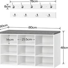 Wardrobe Shoe Rack Set, Shoe Bench With 9 Shelves, Shoe Rack With Upholstered Bench, Wall Wardrobe With 9 Hooks, Shoe Cabinet For Hallway, Entrance Area, Bedroom White
