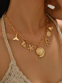 1pc Summer Beach Vacation Style Multi Sea Creature Pendant Necklace, Fashionable Versatile Alloy Seashell Coral Pendant Necklace For Women, Suitable For Daily Outfit, Travel And Party Wear
