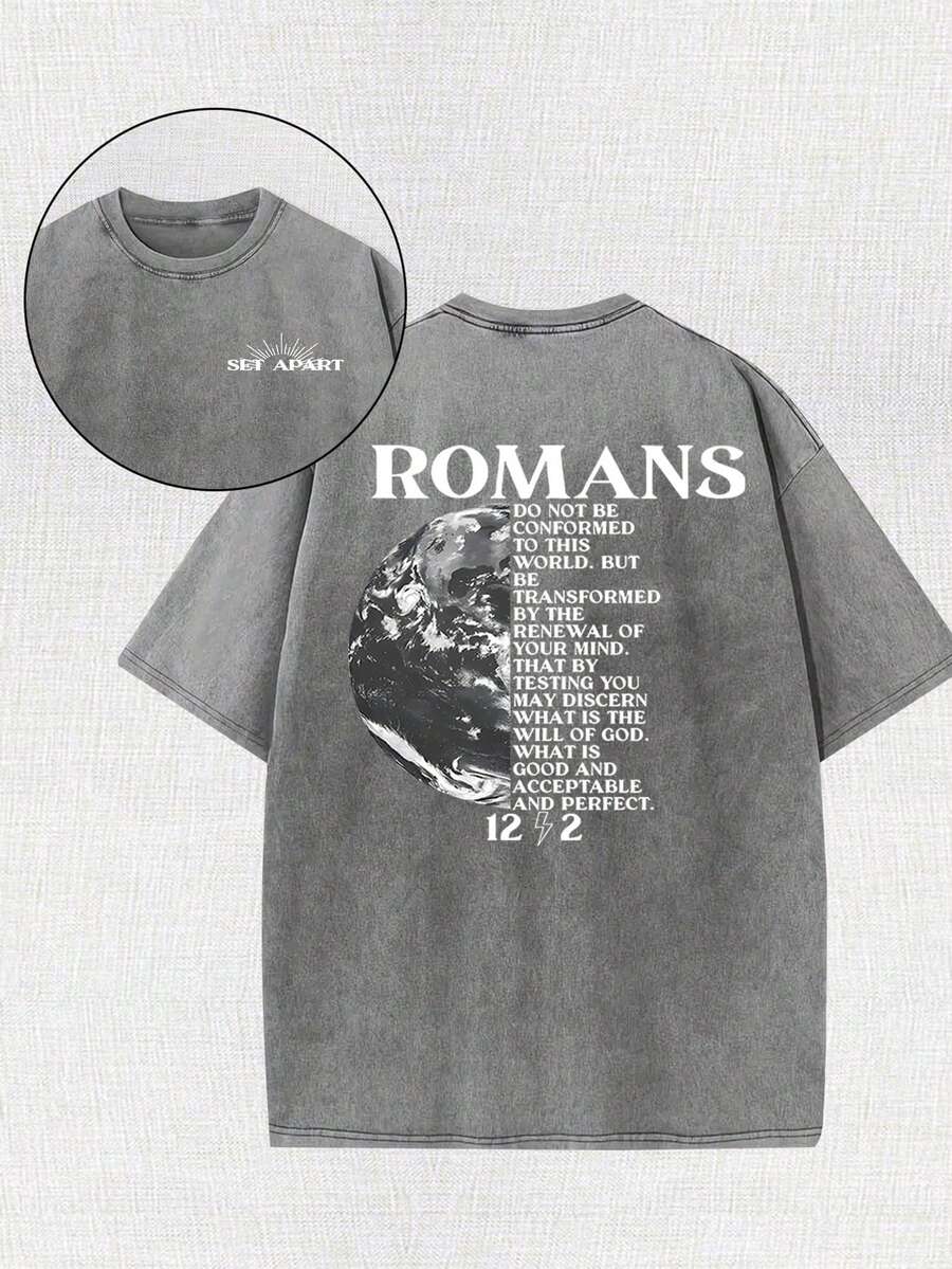 Earth Religious Cross With Retro Design Christian Jesus Printed Retro Washed T-Shirt, 230G, Retro Street Style. Simple And Versatile, Pure Cotton Is Of High Quality, Novel And Fashionable, And It Is A Must-Have Fashion T-Shirt For Spring And Summer. - 灰色 - 查看 1