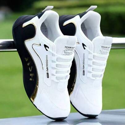 Tênis branco de cano baixo da moda com detalhes dourados, forro respirável, sola de PVC durável - adequado para uso casual e esportivo