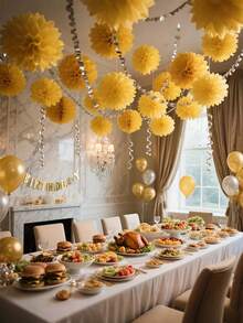 9pcs Yellow Paper Flower Balls, Creative Paper Flower Balls ,Paper Ball Hanging Paper Flower Balls,Tissue Flowers Ball Hanging Decoration, Paper Bubble Ball Hanging Paper Flower Ball Decorations, Wedding Party Celebration Event Decorations - Yellow - View 7