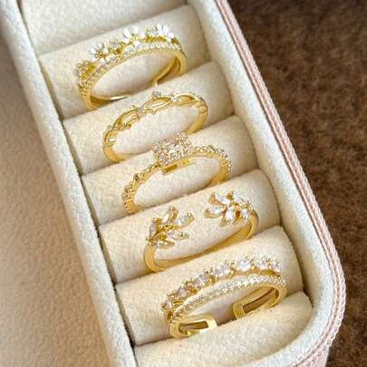 5pcs Elegant Luxury Floral, Leaf, Geometric Copper Micro-Inlaid Synthetic Zirconia Rings Set, Suitable For Vacation, Party, Wedding, Daily Wear