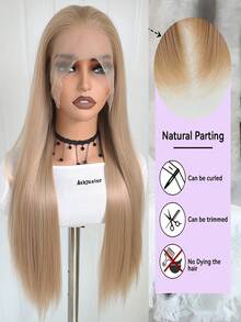 13x4 蜜金色蕾丝前假发，长直蜜金色棕色合成假发，自然发际线，适合黑色/浅色头发，耐热纤维，适合日常佩戴（蜜金色）。 - 金色 - 查看 6