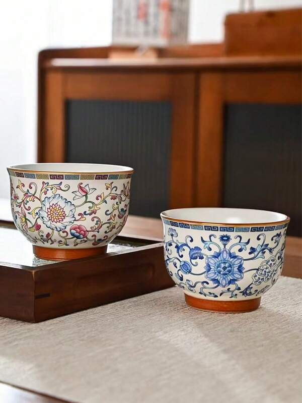 1pc/2pcs Enamel Entwined Lotus Flower Tea Cups, Luxury Handpainted Enamel Ceramic Tea Cup, Large Capacity Tea Cup, Suitable For Arabic Coffee, Middle Eastern Tea, Concentrated Latte, Gift, Household Tea Set, Christmas, Festival