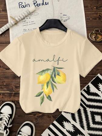 Lemon Print Spring/Summer Plus-Size Women's Khaki Graphic Tees, Beach Country Holiday Girl Green Leaf Yellow Lemon Printing, Elegant Casual Style Girls Fashion Sports T-Shirt, Daily Wear, Large-Sized T-Shirts, Short-Sleeved Round Neck Tops
