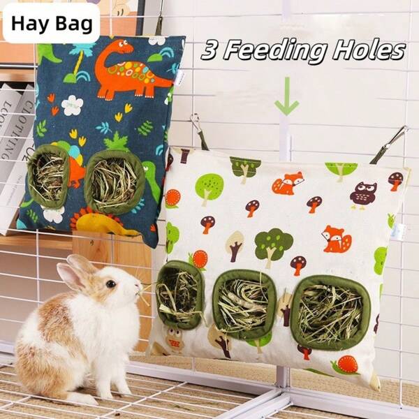 Saco de feno para coelhos, alimentador de feno suspenso com 3 furos, sacos de feno para porquinhos-da-índia, alimentador de feno para coelhos, chinchilas, hamsters, pequenos animais de estimação e outros animais