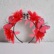 Diadema de Halloween para mujer con calaveras, flores y mariposas, aro para el pelo para fiestas, disfraces, accesorios para fotos. - Rojo - Ver 2