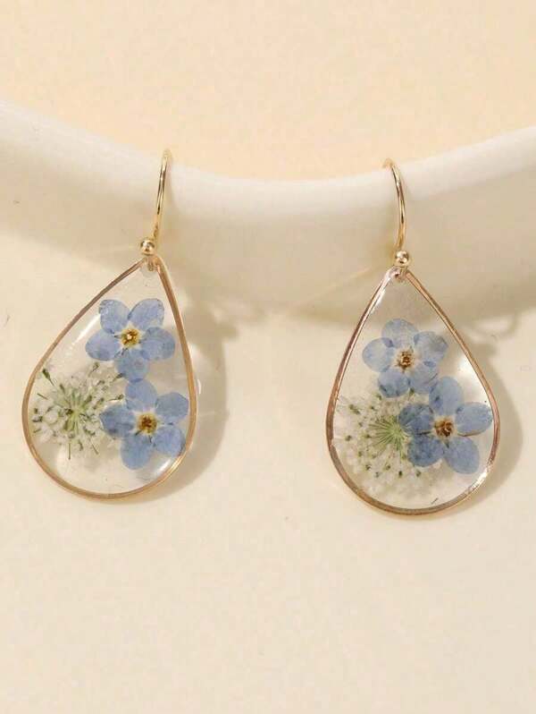 1pair Teardrop Shape Resin & Dried Flower Earrings With Glue Surface, Suitable For Women's Daily Wear,Natural Dried Flowers, Random Shapes And Colors Valentines,Mom,Mother,Mother's Day,Gift