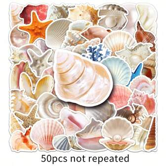 50pcs Shellfish Ocean Style Stickers For Junk Journal Laptop Water Cup Refrigerator Book Luggage Table Helmet Skateboard Guitar Scrapbook DIY Boxes Packing Label Party Sticker
