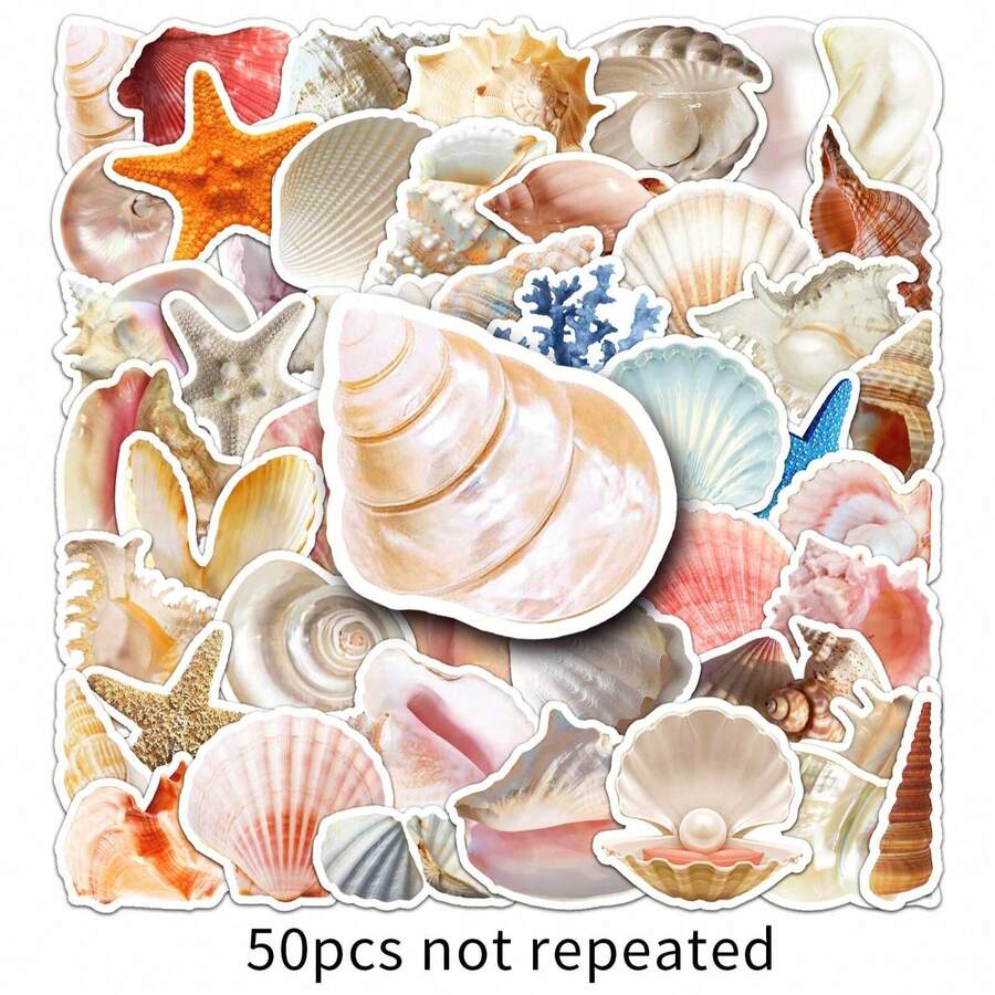 50pcs Shellfish Ocean Style Stickers For Junk Journal Laptop Water Cup Refrigerator Book Luggage Table Helmet Skateboard Guitar Scrapbook DIY Boxes Packing Label Party Sticker - Apricot - View 1