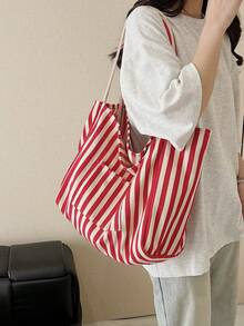 复古条纹帆布托特包，韩版时尚休闲大容量单肩包，适合旅行、度假 - 紅色 - 查看 2