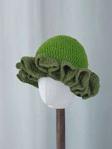 1 件纯色手工编织钩针帽,波西米亚风格褶皱软边帽,带褶边,休闲可爱复古街头时尚涤纶针织渔夫帽 - 彩色 - 查看 26