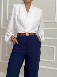 Women's Fashionable Elegant Long Sleeve Versatile Blouse Top, Solid Color Polyester, Spring/Summer - White - View 8