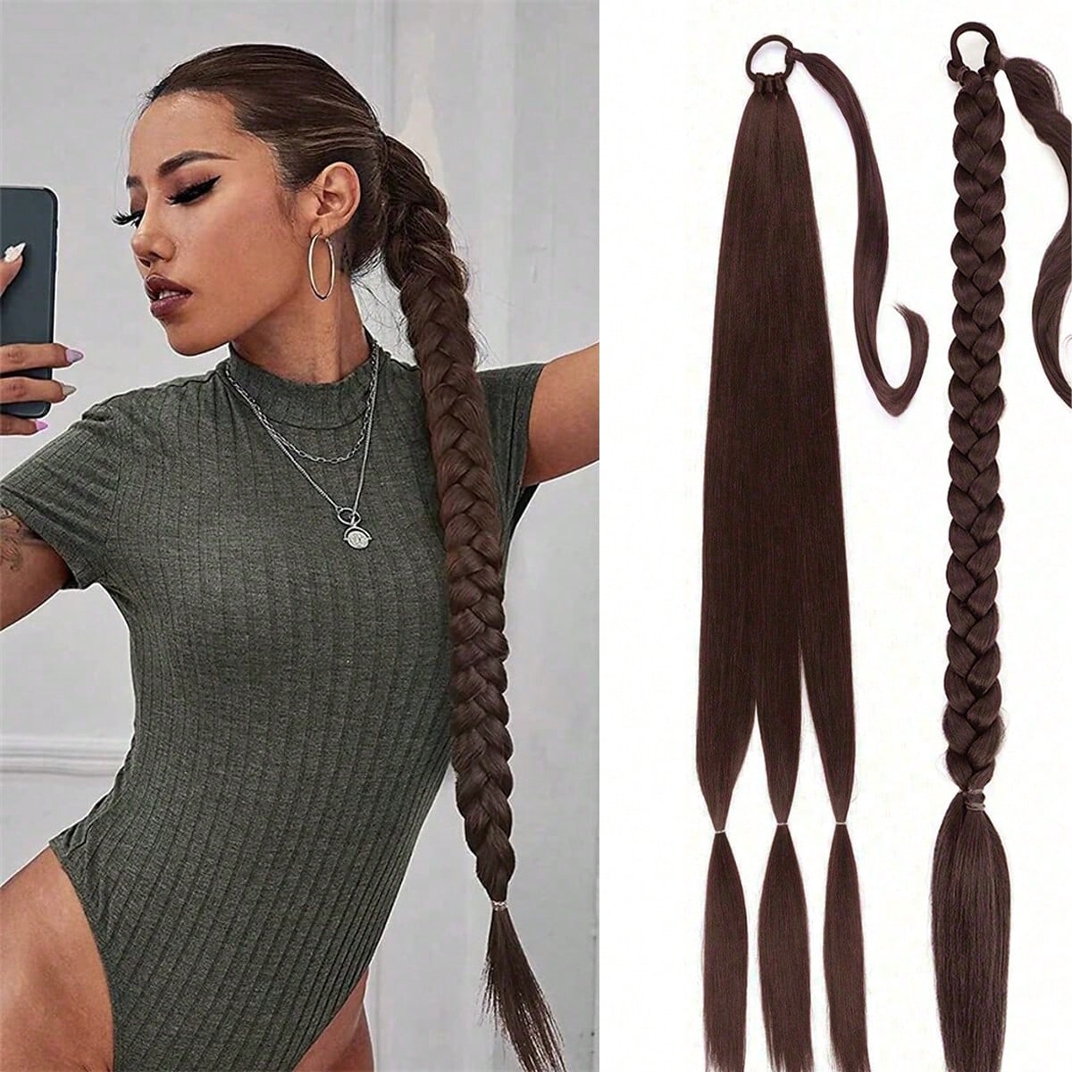 Extensiones de cabello para cola de caballo de 22-40 pulgadas con cuerda elástica trenzada, extensiones de cola de caballo lisas y rectas envueltas,