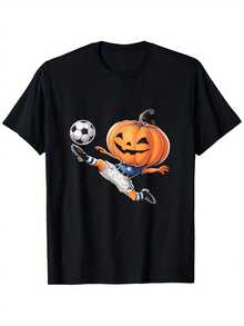 Funny Halloween Soccer Pumpkin Kicking Ball Graphic T-Shirt - Heavyweight 180gsm Cotton Tee For Men, Women, Boys, Girls - Loose Fit Round Neck Shirt (S-XXXL) - Perfect For Halloween Parties & Soccer Fans - Machine Washable Year-Round Casual Wear, Halloween Clothes, Seasonal Party Attire, Whimsical Design, Durable Cotton Fabric,100% Pure Cotton Short Sleeved Shirt, Essential For Summer And Spring, Loose Casual Round Neck, Men's Letter Printed T-Shirt, Suitable For Sports Enthusiasts - Black - View 1