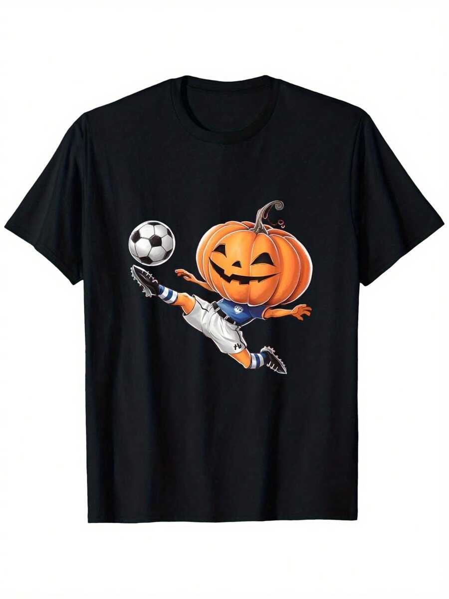 Funny Halloween Soccer Pumpkin Kicking Ball Graphic T-Shirt - Heavyweight 180gsm Cotton Tee For Men, Women, Boys, Girls - Loose Fit Round Neck Shirt (S-XXXL) - Perfect For Halloween Parties & Soccer Fans - Machine Washable Year-Round Casual Wear, Halloween Clothes, Seasonal Party Attire, Whimsical Design, Durable Cotton Fabric,100% Pure Cotton Short Sleeved Shirt, Essential For Summer And Spring, Loose Casual Round Neck, Men's Letter Printed T-Shirt, Suitable For Sports Enthusiasts - Black - View 1
