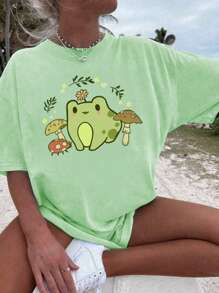 1 pieza Camiseta de manga corta con cuello redondo y estampado gráfico informal para niñas y estudiantes en verano, camiseta de moda joven con estampado de letra en inglés que inspira