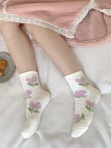 5pcs/Pack Cherry Fruit & Flower Print Coral Fleece Warm Sleeping Socks For Women, Comfortable Skin-Friendly Cute Fashionable Mid-Calf House Socks, Suitable For Spring, Autumn & Winter Seasons, For Home, Office & Leisure Wear, Cozy - Multicolor - View 7