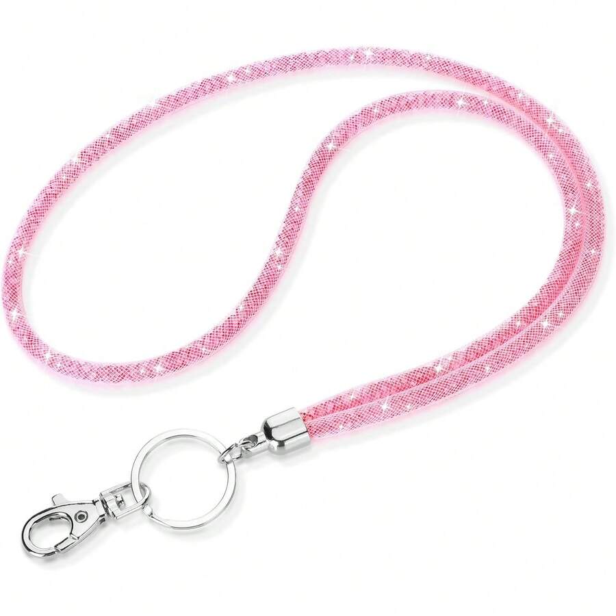 Bling Rhinestone Lanyard For Women | 31.5" Crystal Neck Strap With Metal Clasp Keychain For ID Badge, Student Card & Keys | Cute Back To School & Office Accessory(Black,White,Pink) - 玫瑰紅 - 查看 1