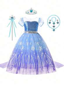 女童蓝色亮片拼接多层薄纱泡泡袖连衣裙，搭配皇冠、魔法棒、雪花项链和手链配饰，休闲连衣裙，适合外出、聚会、生日派对和其他活动。 - 藍色 - 查看 2