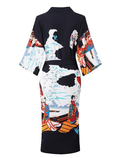 复古东方印花长款和服罩衫，配腰带，面料柔软舒适，百搭轻便外套，适合春夏季、街头服饰、沙滩装、家居服、节日和活动，男女通用