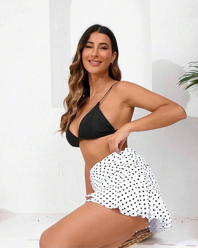 Halcurt Women's High Waisted Ruched Ruffle Swim Skirt With Shorts Tummy Control Tankini Swim Skort Bikini Swimsuit Bottoms - White/Polka Dot - View 5