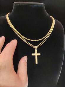 2pcs Set Men's Rhinestone Accent Cuban Twist Rope Chain Necklace With Cross Pendant, Fashion Versatile Accessory, Suitable For Men & Women, New Year, Valentine's Day Gift - Nhiều màu - Xem 7