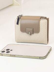 Women's Short Wallet, Straw Braided, Soft Textured PU Leather, Fashionable Snap Closure Bifold Wallet, Large Capacity Multi-Function Card Holder, Lightweight Minimalist Clutch Bag, Suitable As Holiday Gift - Apricot - View 9