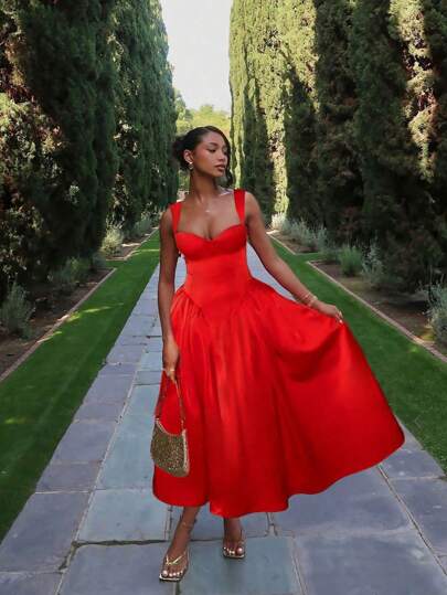 Women's Solid Satin Thick Strap Waist Flare Long Dress, Summer