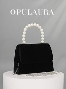 OpulAura 女士浪漫仿珍珠手提包，奢华天鹅绒晚宴手拿包，适合正式场合、派对/婚礼/约会/圣诞节/生日，带可拆卸链条 - 黑色 - 查看 2