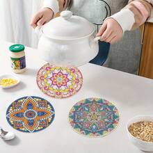 3/4 件套花卉钻石画套装 - 圆形钻石，胶板材质 - DIY 3D 彩色花卉餐垫，桌面装饰，钻石画墙挂工艺品套装，适用于家居、花园、卧室、客厅装饰礼品 - 彩色 - 查看 4