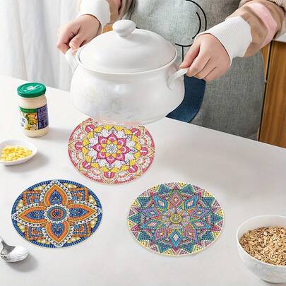 3/4 Pcs Floral Diamond Painting Kit - Round Diamond, Glue Board Material - DIY 3D Colorful Floral Placemat, Tabletop Decor, Diamond Art Wall Hanging Craft Set, Suitable For Home, Garden, Bedroom, Living Room Decoration Gift