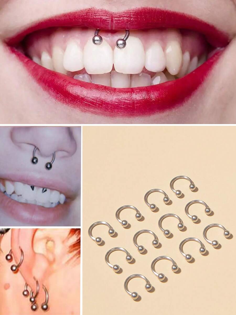 12 件不锈钢简约风格马蹄形鼻中隔环，医用钢鼻/身体穿孔首饰耳环环眉唇固定器，8 毫米