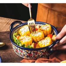 Bicuzat Vintage Style Tulip Flower Pattern Ceramic Bakeware Casserole Dish Baking Pan Lasagna Pans Baking Dish With Handles Oven\/Cooking\/Kitchen-1 PCS-60 OZ