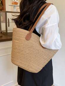 Yogodlns 女士编织篮手拿包顶部手柄包草编便携单肩包夏季沙滩派对钱包购物挎包女式大容量单肩包夏季编织篮手提包时尚沙滩包巴厘岛购物手提包腋下包