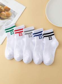 5 pares de calcetines deportivos para niños con patrón de doble barra de colores, calcetines transpirables y absorbentes para fútbol, baloncesto