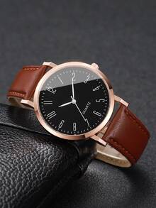 1 件男士时尚商务数字表盘休闲石英腕表，时尚简约 - 棕色 - 查看 5