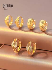 Hihho Set de 6 piezas de pendientes de aro con textura dorada y zirconia brillante, pendientes de perla, set de pendientes de cobre enchapado, adecuado para múltiples perforaciones