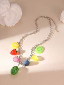 1pc Summer Cute Luminous Fruit Series Lemon, Watermelon, Strawberry Resin Pendant Necklace For Women, Suitable For Everyday Wear